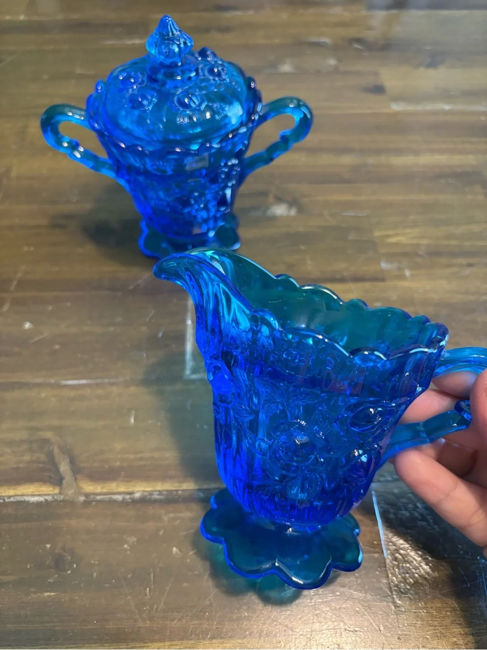 Vintage Fenton Cobalt Blue Cabbage Rose Set Creamer & Sugar Bowl With Lid
